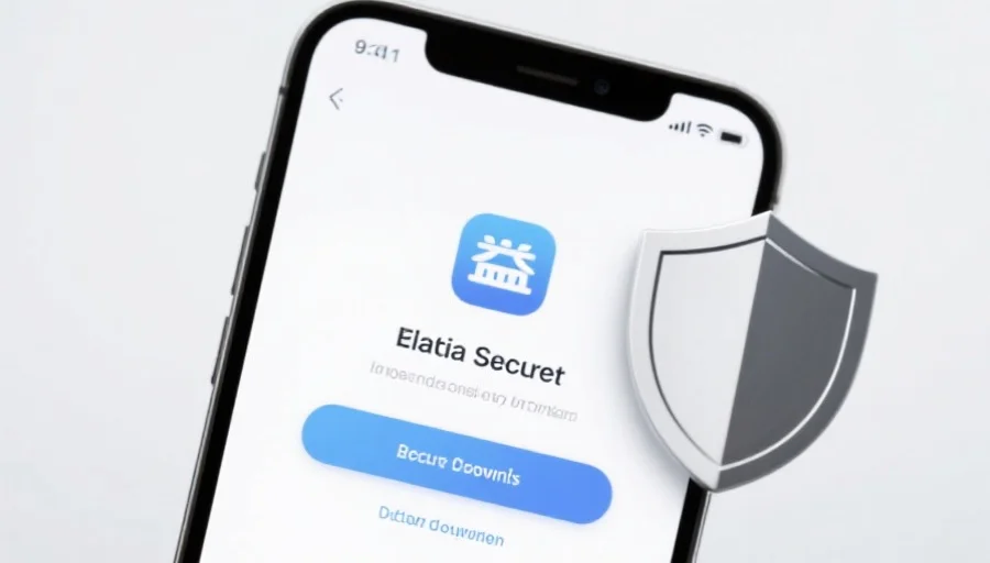 一部现代智能手机屏幕上显示大众应用的安全下载界面,旁边有安全盾牌图标,背景简洁